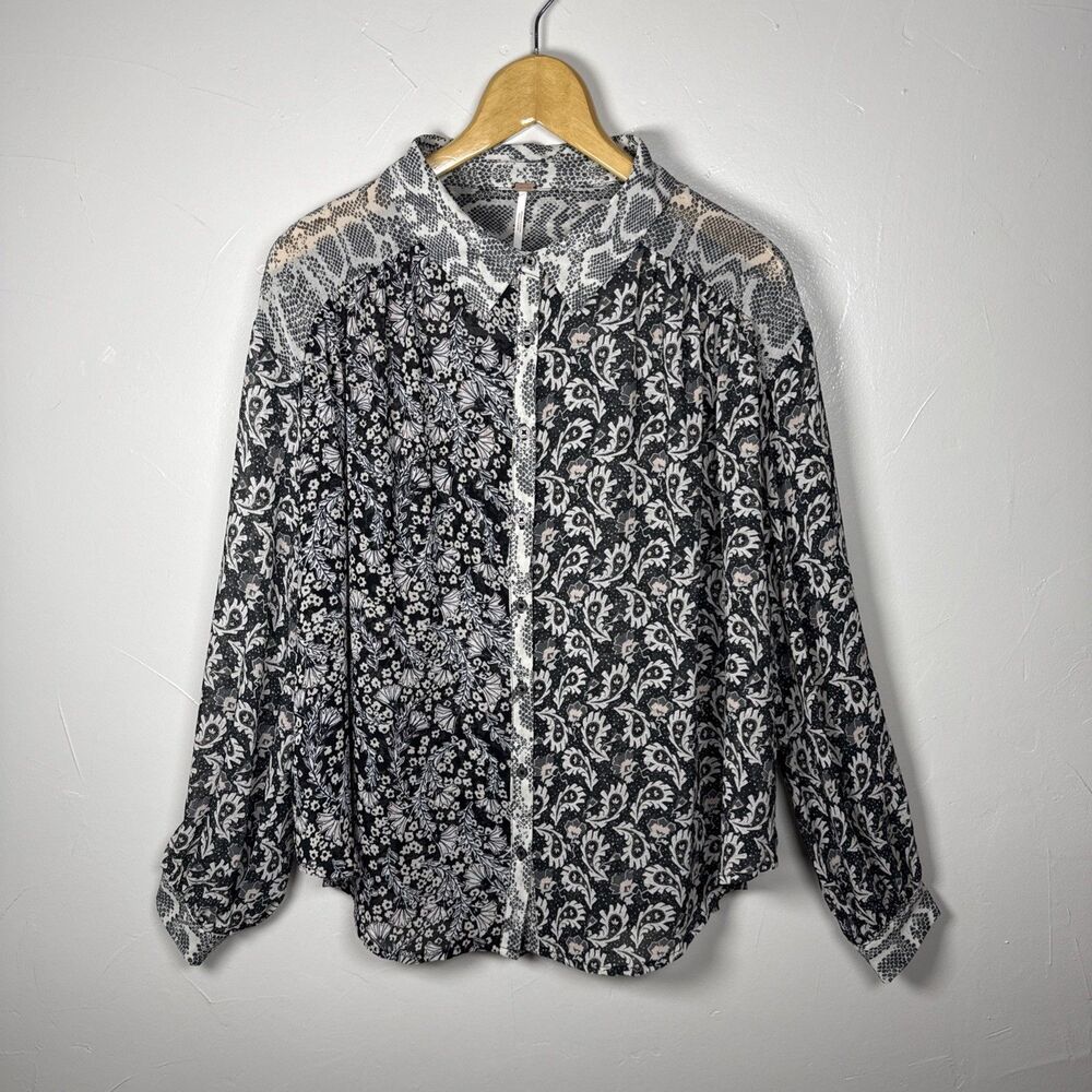 Free People Sheer Floral Reptile Print Shirt Top Size Medium Bohemian Office